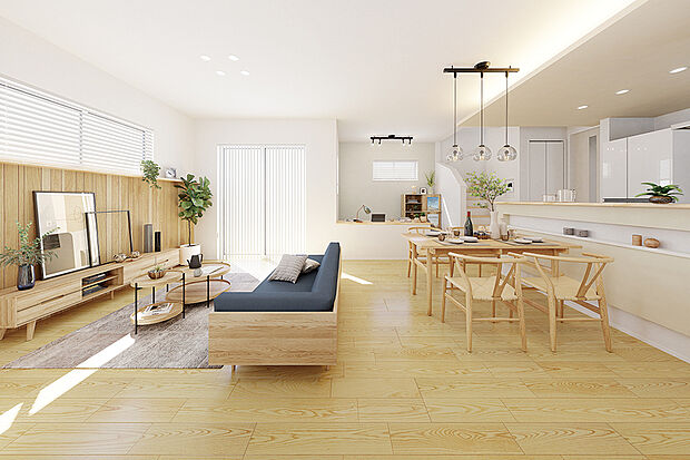 【【隅々まで心地よい暮らしにこだわった空間設計】】開放感やコミュニケーションまでを視野に入れて、心地よさを叶える空間を創出。温もりある木の風合いを大切にしたウッドパネルがリビングを優しく包み込みます。