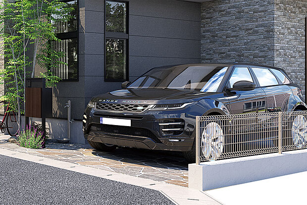 【【カースペース】】豊かなカーライフをサポートするカースペースを各邸に確保しました。クルドサックから高低差なくつながるデザインのため、街並み全体に奥行きと開放感を創出します。