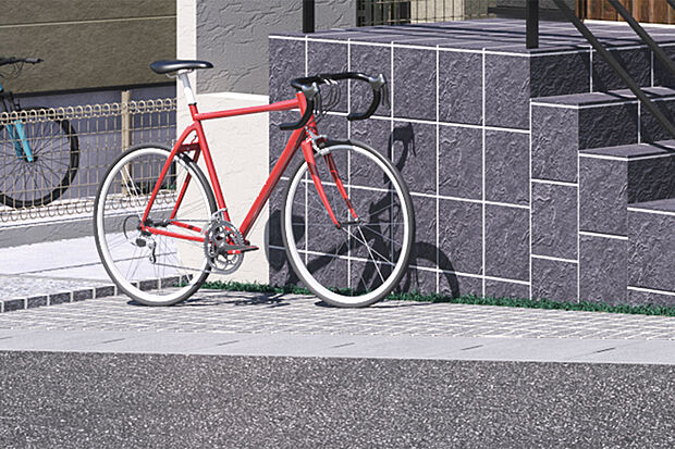 【【サイクルスペース】】日々の通勤や通学、お買い物など、アクティブな暮らしをサポートする自転車専用のスペースを確保しました。定位置を用意することで、アプローチをすっきりと保つことができます。