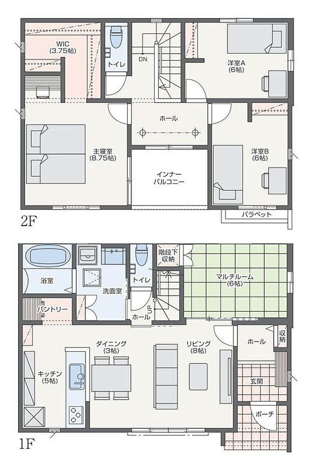・多用途に活用できるマルチルームをLDK横に配置
・ストック収納に便利なパントリー＆冷凍庫スペースを完備
・雨の日も洗濯物を干せるインナーバルコニー付き