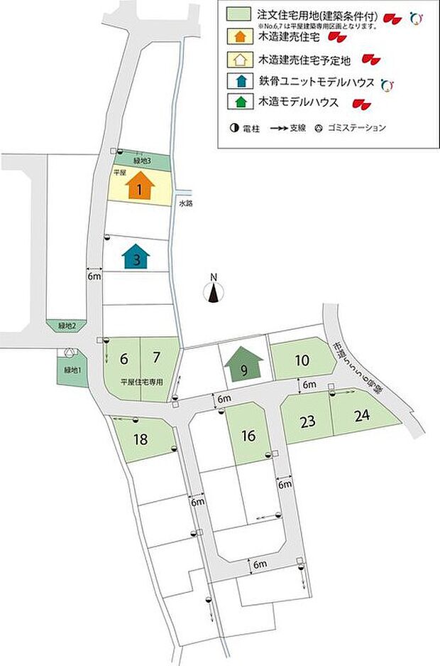 【区画図】建売住宅：１棟
注文住宅用地：７区画販売中
平屋専用注文住宅用地を２区画ご用意！