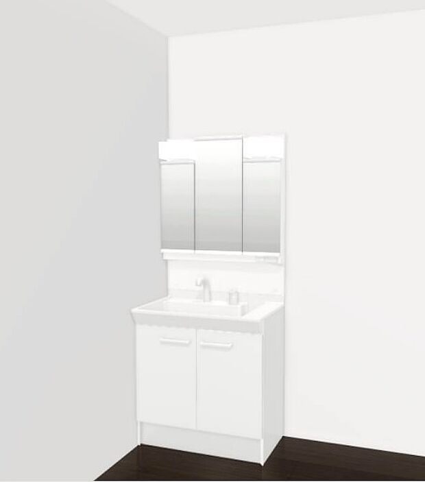 【独立洗面台】※同仕様写真。お手入れしやすく使いやすい３面鏡付きの洗面台。