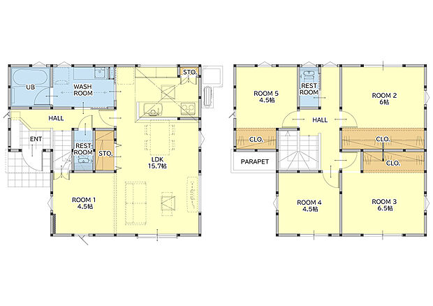 【5LDK】全室フローリング設計。 1階に15.7帖のLDKと4.5帖洋室。玄関にはシューズボックスあり♪ 2階には洋室が4部屋(6.5帖・6帖・4.5帖×2)。 駐車場は2台駐車可能です♪ 省令準耐火構造! 火災に強いため、通常の木造住宅に比べて火災保険を低く抑えることができるのが大きなメリットです。 充実の標準仕様・設備もコミコミ価格の建売住宅です。