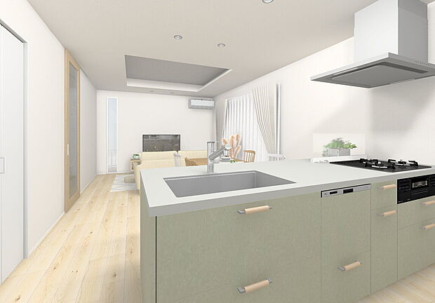 ◆10号地/キッチン完成イメージ◆
床や建具の木目に、アクセントとしてグリーンやタイル柄を。優しい色合いで、住む人の毎日が楽しくなるようなインテリアに。