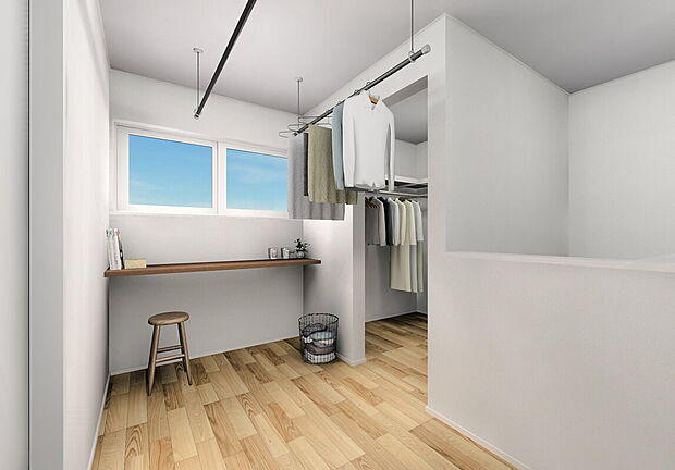 【◆フリールーム完成予想パース／2号地◆】室内物干スペースは陽当たりもばっちり。窓際のカウンターでは洗濯物を畳んだり、読書やお子様の勉強机としても活躍。