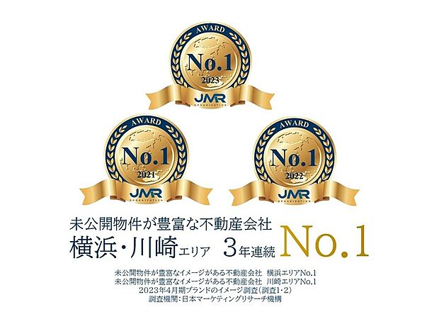 横浜・川崎エリアに4店舗を構えるリアルエージェントは、未公開物件が豊富な不動産会社　横浜エリア・川崎エリアNo.1に3年連続選ばれました！（日本マーケティングリサーチ機構調べ）