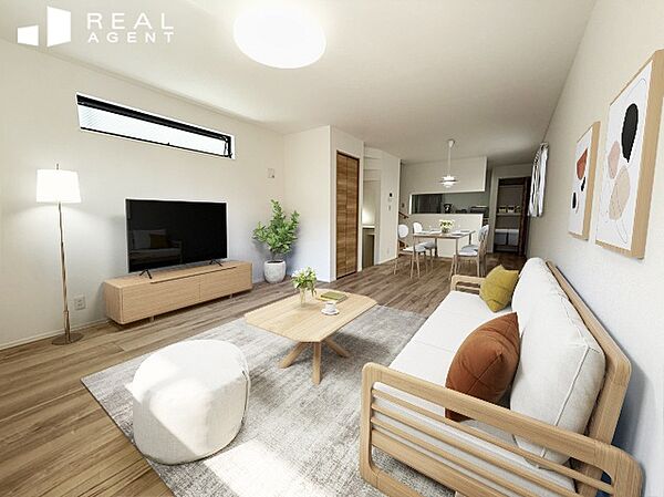 優しい色合いのフローリングで、ご家族が自然と集まる憩いの場に。シンプルな内装のため、家具選びや配置決め、模様替えをお楽しみいただけます。※配置している家具はCGによるイメージです。
