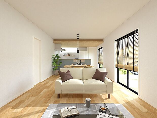 【完成イメージ】白や木目を基調とした明るい空間。インテリアスタイルに合わせた家具、カーテン付きになっています。