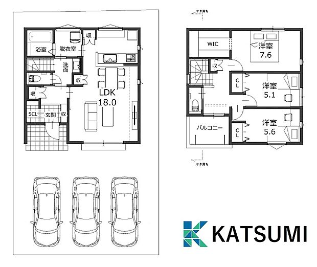 【3号地／間取図】
全居室収納やシューズクロークなど収納が充実しています。車3台並列駐車可能！