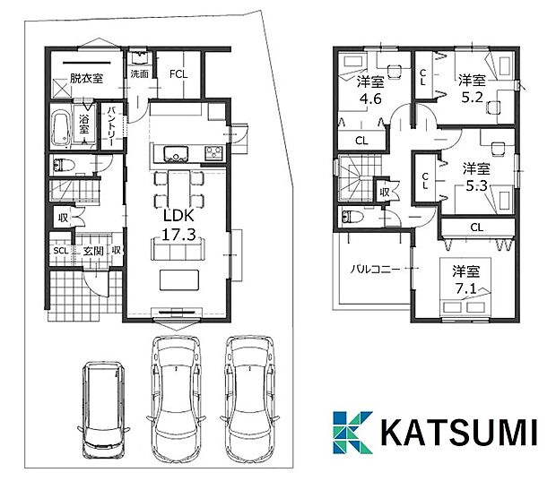 【4号地／間取図】
全居室収納やシューズクローク、パントリーなど収納が充実しています。車3台並列駐車可能！