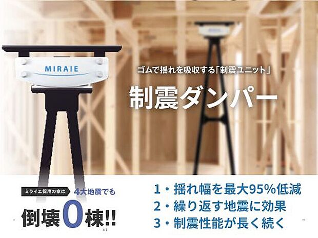 【制震ダンパーミライエ】揺れを最大95%吸収・低減できる制震ダンパー「MIRAIE（ミライエ）」を全棟標準採用することで、繰り返し起きる揺れにも負けない丈夫な住まいを実現します。