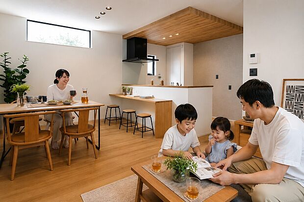 【A棟】LDK｜リビング、ダイニング、キッチンがゆるやかにつながる一体感のあるLDK。折り下げ天井がキッチンに奥行と上質感を演出し、毎日の食事や家族との団らんをより豊かな時間へと彩る。