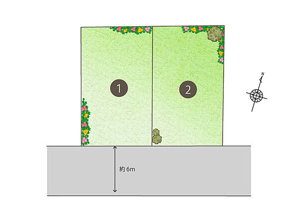  【全体区画図】総2区画が約6m幅の南道路に面し、整った区画形状です。JR加古川駅や加古川バイパスが身近×生活施設が徒歩圏内で移動動線◎低層住居専用地域ならではの閑静な住環境です。