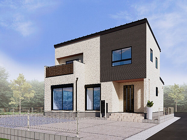 【2号棟 外観完成イメージ】
直線的なデザインがモダンな印象を与える、落ち着きある外観となっています。植栽等も映えるので、住んでからの楽しみがある家です。