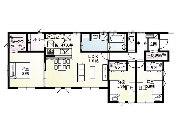 4号棟　３LDK平屋建て！土間収納をはじめ各部屋クローゼット、WIC2.0帖、洗面室収納、キッチン横パントリー2.0帖！収納がとても豊富なプランで全室南向きです。