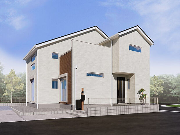 【1号棟　外観完成イメージ】
明るい色を基調とした外壁に、木目調の張り分けがナチュラルな温もりを感じさせる外観デザインとなっております。