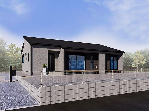 【１号棟　外観パース】現代の生活にオススメの平屋建て。階段の昇降がない為、小さいお子様からご年配の方まで安心して生活できるお家です。（※外観完成イメージ画像）