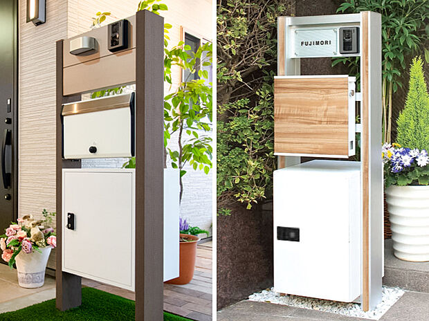 【宅配ボックス搭載門柱】宅配便を無人で受け取れる宅配ボックスを搭載した門柱。時間指定や再配達といった手間を気にせずお荷物を受け取れます。