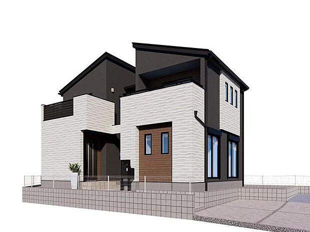 【2号棟 完成イメージ】モノトーンで落ち着きのある印象に仕上げた、上質でモダンな雰囲気の外観デザインとなっております。