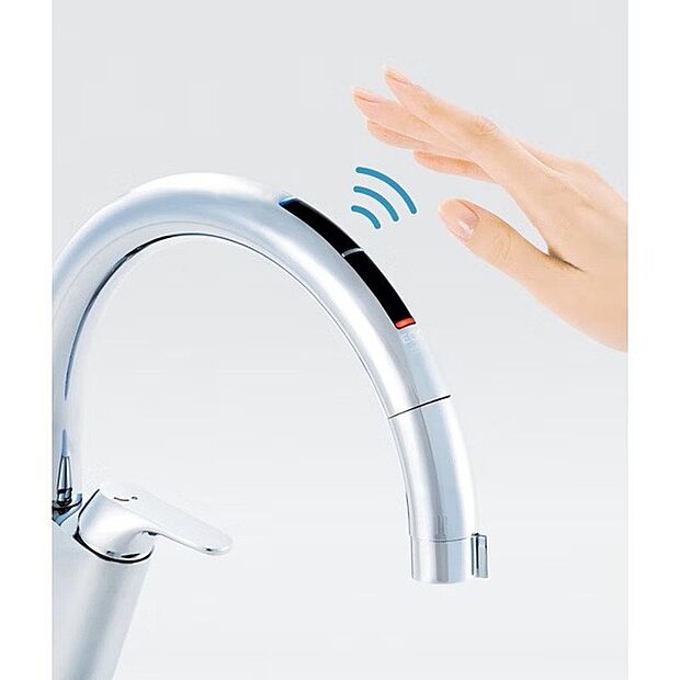 【設備画像:タッチレス水栓】センサーに手をかざすだけで水を出せます。節水効果、タッチレスで衛生的です!