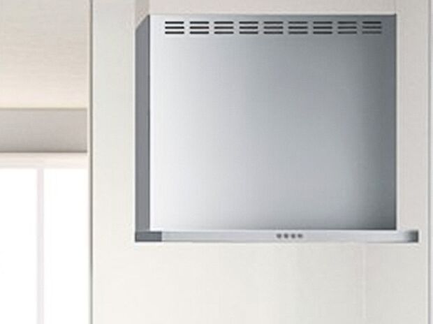 【薄型レンジフード LE(Housetec)】フード本体がわずか35mm。消費電力3WのLED照明(昼白色)付きです。整流板が付いているので、吸い込み速度が加速され、外に逃げる油煙を捕えます。