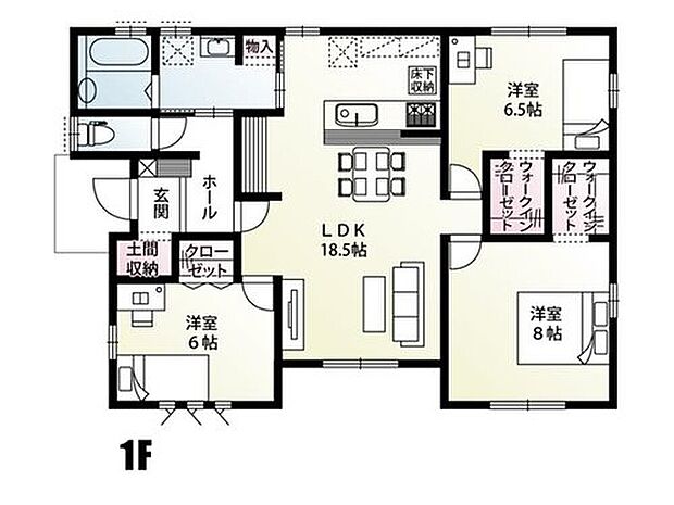 【3LDK】南と西側が道路で、陽当たり良好なリビングは18.5帖と広々！家族がゆっくり寛げますね。キッチンから洗面脱衣室に出入りできる間取りで、家事動線もスムーズです♪
