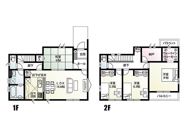 【4LDK＋1S(納戸)】2階の居室は全室南向きで明るい光がたっぷりと入ります♪
LDKと続き間の和室をつなげて使うことで、リビングがさらに広く感じられる開放的な空間となります！
水回りをまとめて配置した家事動線の良い間取りとなっております。