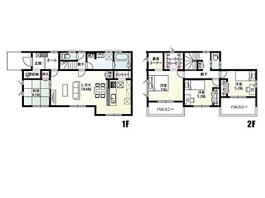 土間収納・パントリー・ウォークインクローゼットなど収納豊富な間取りとなっております。
LDKは18.6帖と家具を置いてもゆとりのある広さです♪
4.5帖の和室はお子様のお昼寝スペースや客間としても使用できる便利な一室！
2階7帖の居室には書斎コーナーを設け、在宅ワークや趣味の時間に活躍する便利な空間です♪ 