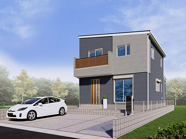 【【5号棟 外観完成イメージ】】落ち着いた2色で貼り分けた外壁に、玄関扉とバルコニー部分のブラウンがぬくもりを感じさせる外観デザインとなっております。