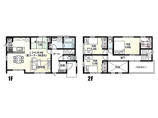 【3LDK】全室収納完備!3LDKの間取りプランです。
畳コーナーを含めLDKは20.9帖!家具を置いてもゆとりのある広さとなっております。さらに吹き抜けがあることで、空間により一層の広がりと開放感が生まれます。