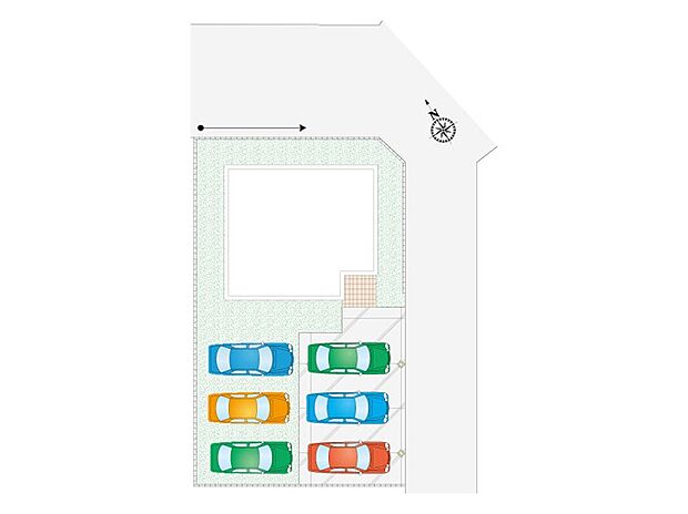 【5LDK】駐車スペース６台分確保。軽トラックやファミリーカーをお持ちの方も安心の広さです。後付けの倉庫や、雨風から自転車・バイクを守るサイクルハウスの設置も可能！