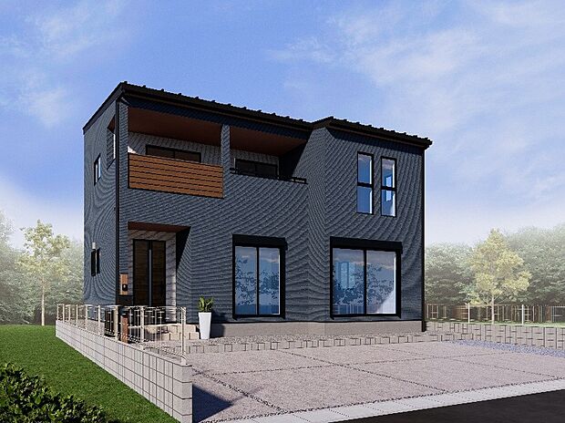 【【２号棟：外観イメージ】】外壁のベースは濃い色合いで、洗練された印象のデザインです！
計算された位置に配置された、デザイン性の高い窓がより魅力的な外観に仕上げています。