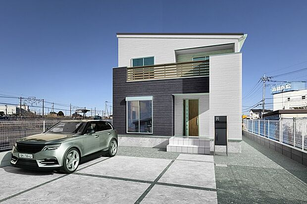 【【２号棟：外観イメージパース】】ナチュラルな質感の石肌デザインホワイトをベースに深みのある濃青色プルシアンカラーとグレーがアクセントになっております。