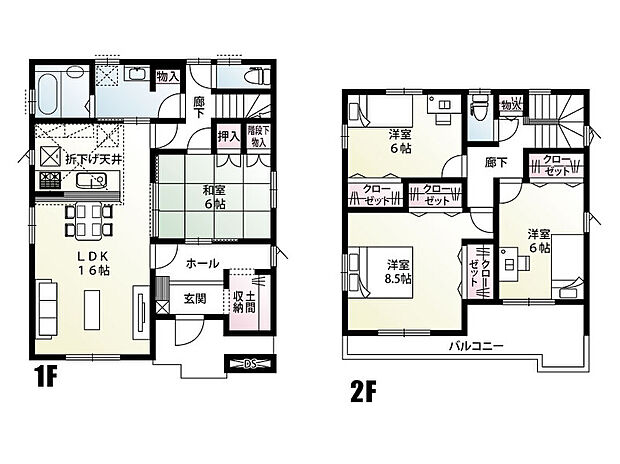 【4LDK】キッチン・洗面室・浴室をまとめたことにより、家事動線の短縮に繋がる使い勝手の良い間取りです。来客があった際、ほかのお部屋を通らず玄関から直接和室に案内することができます。土間収納も魅力の一つ！