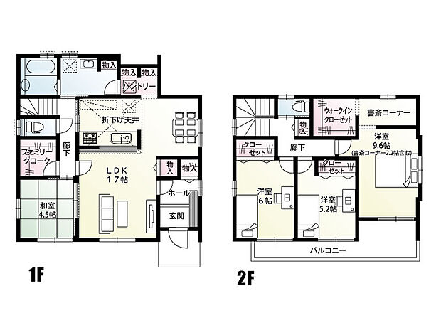 【4LDK】ファミリークローク・パントリー・ウォークインクローゼットを設けた、収納豊富な間取りとなっております。
キッチン横にダイニングを配置し、配膳や食後の後片付けもスムーズに行えます！
主寝室には書斎コーナーがあり、在宅ワークや趣味の時間に活躍します♪