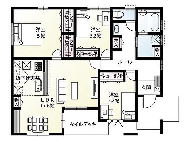 【3LDK】移動がスムーズな平屋プラン！LDKから出入り可能なタイルデッキがあり、リビングの延長としてご使用いただけます♪