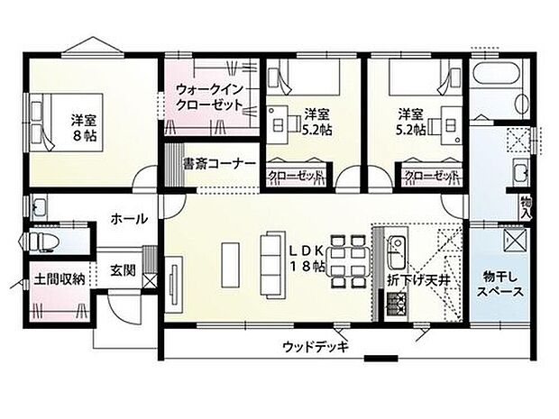 【3LDK】ウォークインクローゼットや1坪タイプの土間収納など、収納豊富な間取り。室内にお洗濯物が干せる物干スペースで、防犯対策もばっちりです！