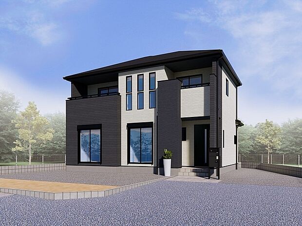 【【3号棟：外観完成イメージ】】建物の凹凸に合わせた外壁の張り分けが、印象的な外観デザインです！
2階中央に配された、縦長の窓が見る人の目を惹きつけます。