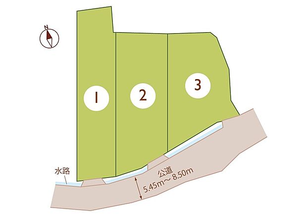 【【全体区画図】】閑静な住宅地に立地し、周辺道路は交通量が少ない為、お子様のいらっしゃるご家庭でも安心です。
南側に接道し、南北に大きい土地ですので、日中も明るくお過ごしいただけます。
