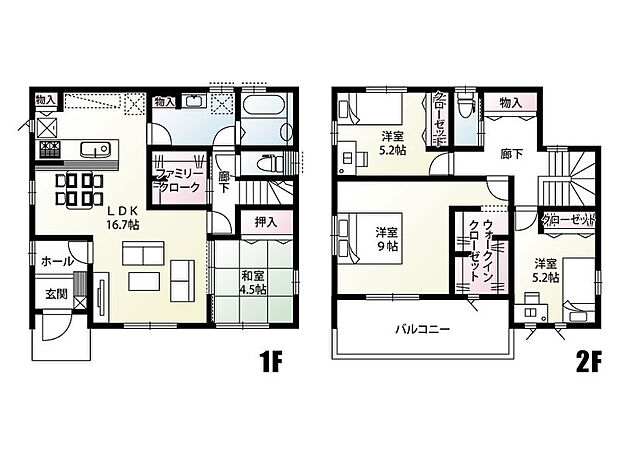 【4LDK】1階にファミリークロークを設けた家事効率の良い間取りとなっております。家族が自然と顔を合わせ、コミュニケーションを育むリビングスルー階段を採用！
全室2面採光で日当たり・風通し良好なお家です♪