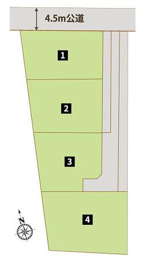 【【全体区画図】】小・中学校や商業施設が徒歩圏内に揃う、周辺環境の整った全4区画の分譲地です。