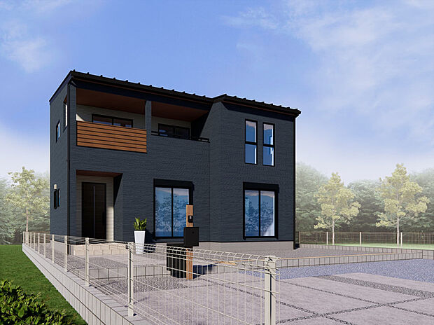 【【3号棟　外観パース】】シックな色合いを採用した、シンプルなデザインの一邸です！植栽の緑も映える外観に仕上がっておりますので、暮らしの中に楽しみが広がります。