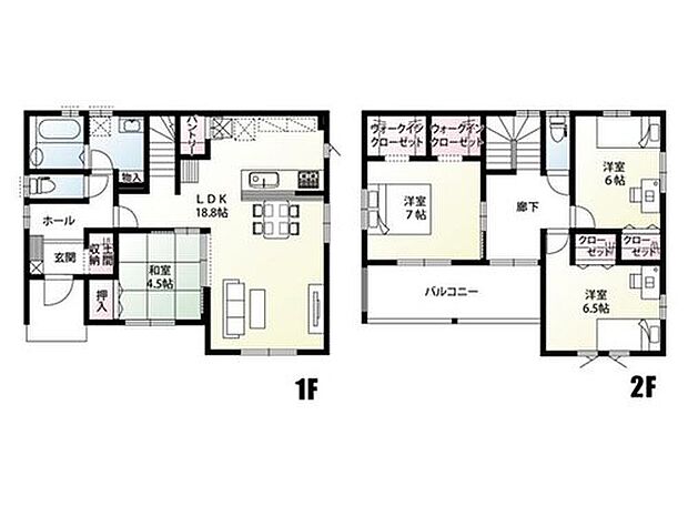 【4LDK】広々としたLDKは18.8帖！2階廊下と主寝室から出入り可能な、大きいインナーバルコニー！ウォークインクローゼット2か所・土間収納・洗面室収納・パントリーがあり、収納豊富な間取り！