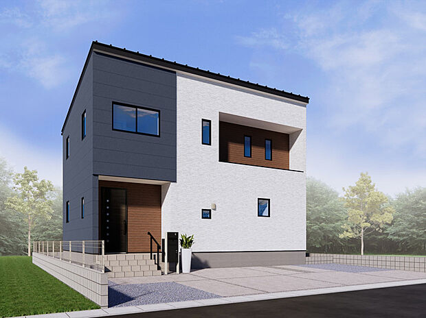 【【6号棟　外観イメージパース】】ツートンカラーの張り分けに木目調がアクセントとなった、温かみと上品さを感じさせる外観デザインとなっております。