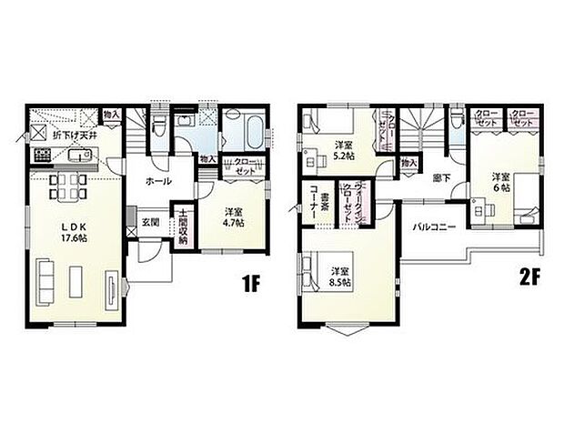【4LDK】全居室フローリングの4LDK！土間収納やウォークインクローゼットなど収納力のあるプランです♪主寝室に書斎コーナー付き！バルコニーは２階廊下から出入りできて、洗濯物などを干すのに便利です！