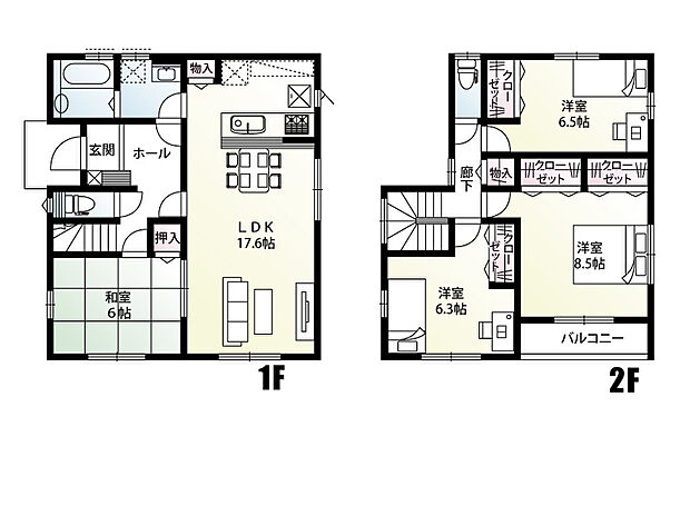 【4LDK】全居室6帖以上のゆとりある4LDKの間取りとなっております！
LDKとホールのどちらからでも出入り可能な和室は、お子様のお昼寝スペースや客間としても使用できる便利な一室です。
2階居室にはそれぞれクローゼットを設け、お部屋の中をスッキリ綺麗に保てます♪