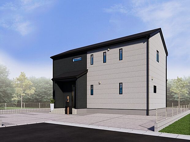 【【6号棟　建物外観イメージパース】】外壁はシックな色合いで張り分けられています。
シンプルな外観デザインと調和し、飽きのこない洗練された表情を創り出しています。