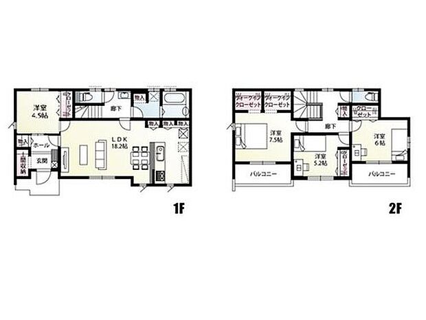 【4LDK】全居室フローリング4LDKの間取りです！主寝室にはウォークインクローゼットが2か所あり、ご夫婦で使い分けが可能です！リビングを通り2階へ行く間取りを採用し、ご家族のコミュニケーションを育みます。