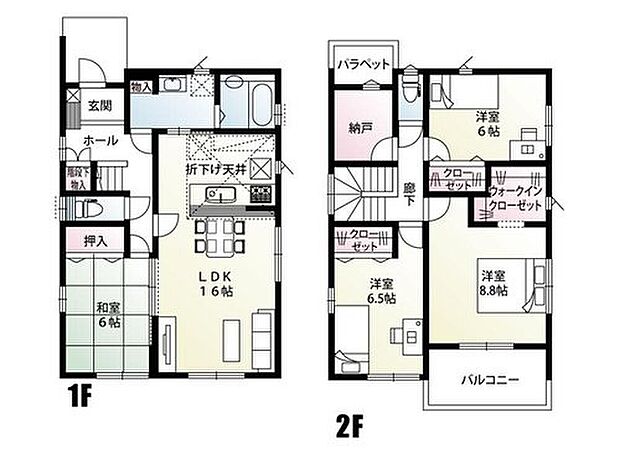 【4LDK】玄関から洗面室につながる「ただいま動線」の家。日用品ストックにも便利な納戸付き！LDKは16.0帖+和室6.0帖と広々としています！全居室6.0帖以上でプライベートも充実の間取りです！
