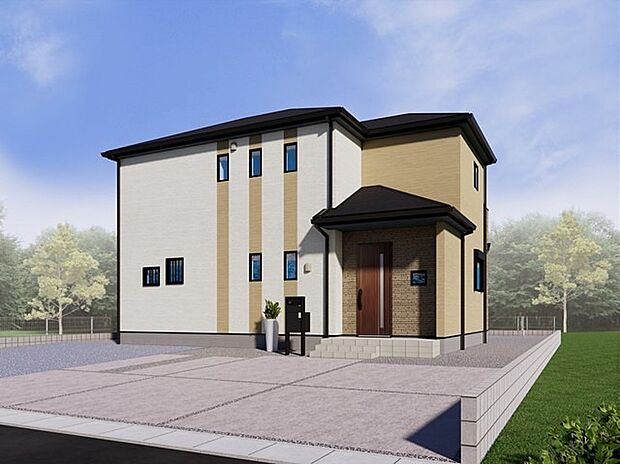 【【6号棟　完成イメージ】】ホワイトを基調とし、ブラウンとココアの2色でアクセントを加えました！ナチュラルモダンテイストの若々しい印象を与えてくれる外観デザインです♪